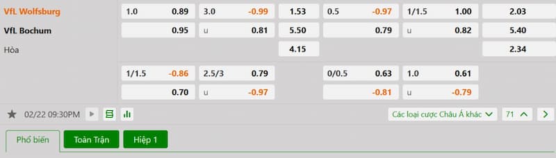 Soi kèo bóng đá VfL Wolfsburg vs VfL Bochum 21h30 ngày 22/02/2025 3 Bảng tỷ lệ kèo bóng đá trận đấu VfL Wolfsburg vs VfL Bochum